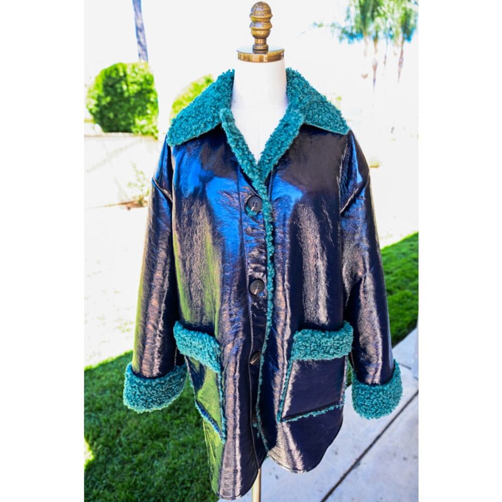 NWT Women's Nasty Gal Jacket Navy Premium Contrast Borg Vinyl Coat Size 10
